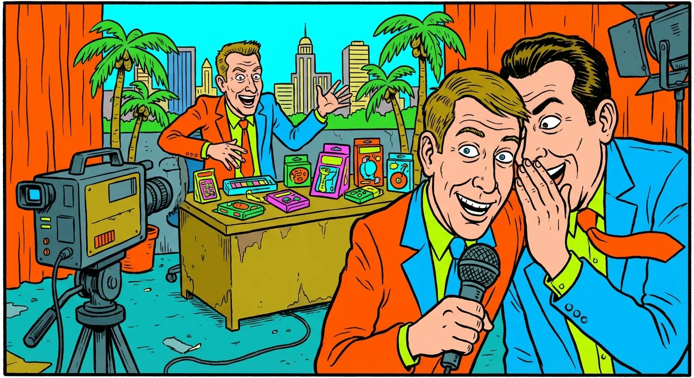 Cartoon illustration of two men in a low-budget TV studio set presenting an absurd infomercial, capturing the Tim and Eric aesthetic