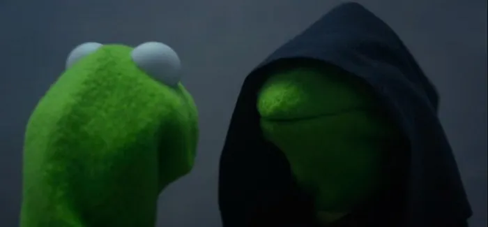 Evil Kermit meme template showing Kermit facing his hooded dark alter ego Constantine from Muppets Most Wanted