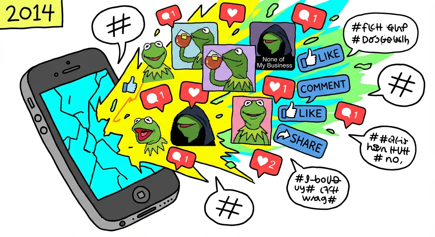 Cartoon illustration of Instagram exploding with Kermit the Frog memes in 2014, notifications flying everywhere