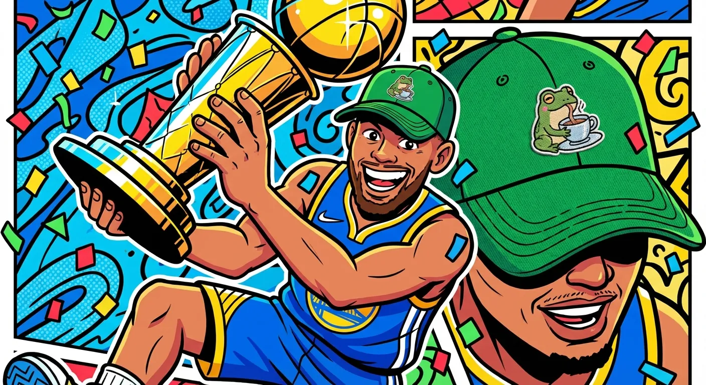 Cartoon illustration of a basketball champion celebrating with a trophy while wearing a Kermit sipping tea baseball cap