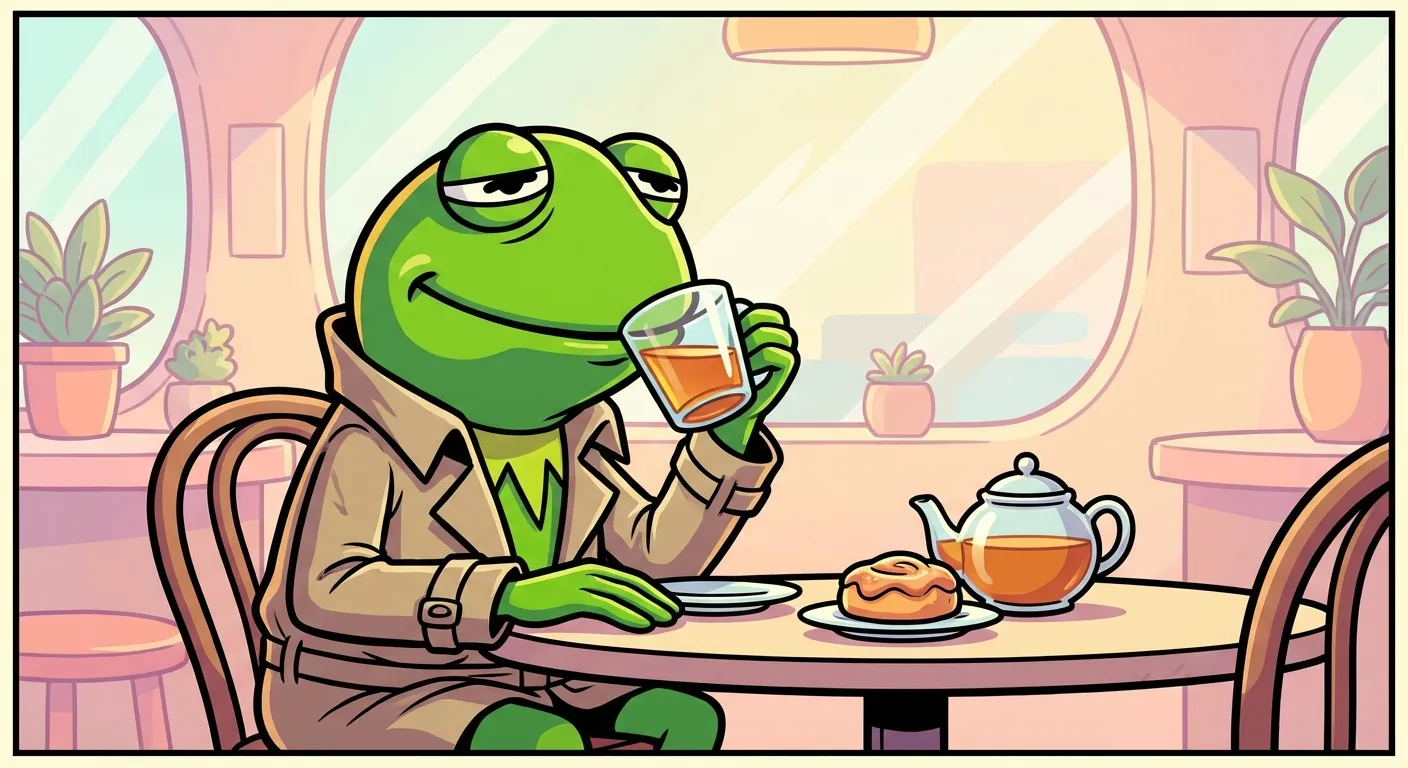 Cartoon illustration of Kermit the Frog smugly sipping tea at a cafe, looking sideways with a knowing expression