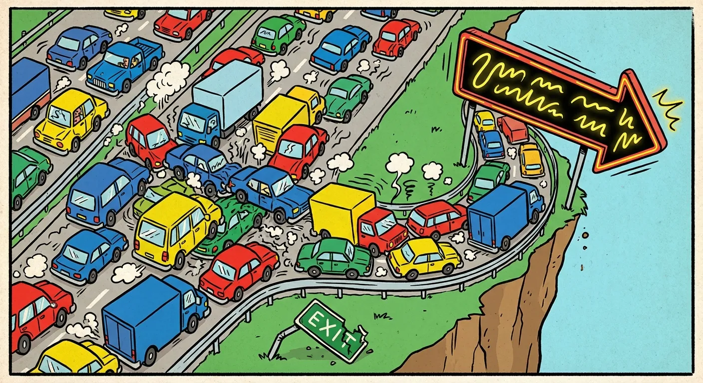 Cartoon illustration of a highway intersection from bird's eye view where every car is swerving toward a ridiculous off-ramp exit creating a traffic jam of bad decisions