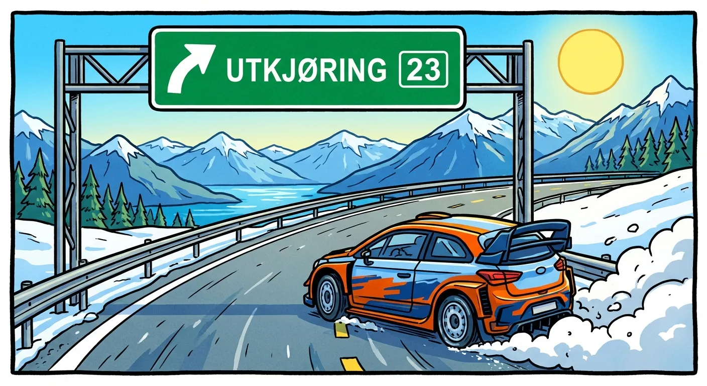 Cartoon illustration of a car dramatically drifting sideways on a Norwegian highway off-ramp with snow-capped mountains in the background