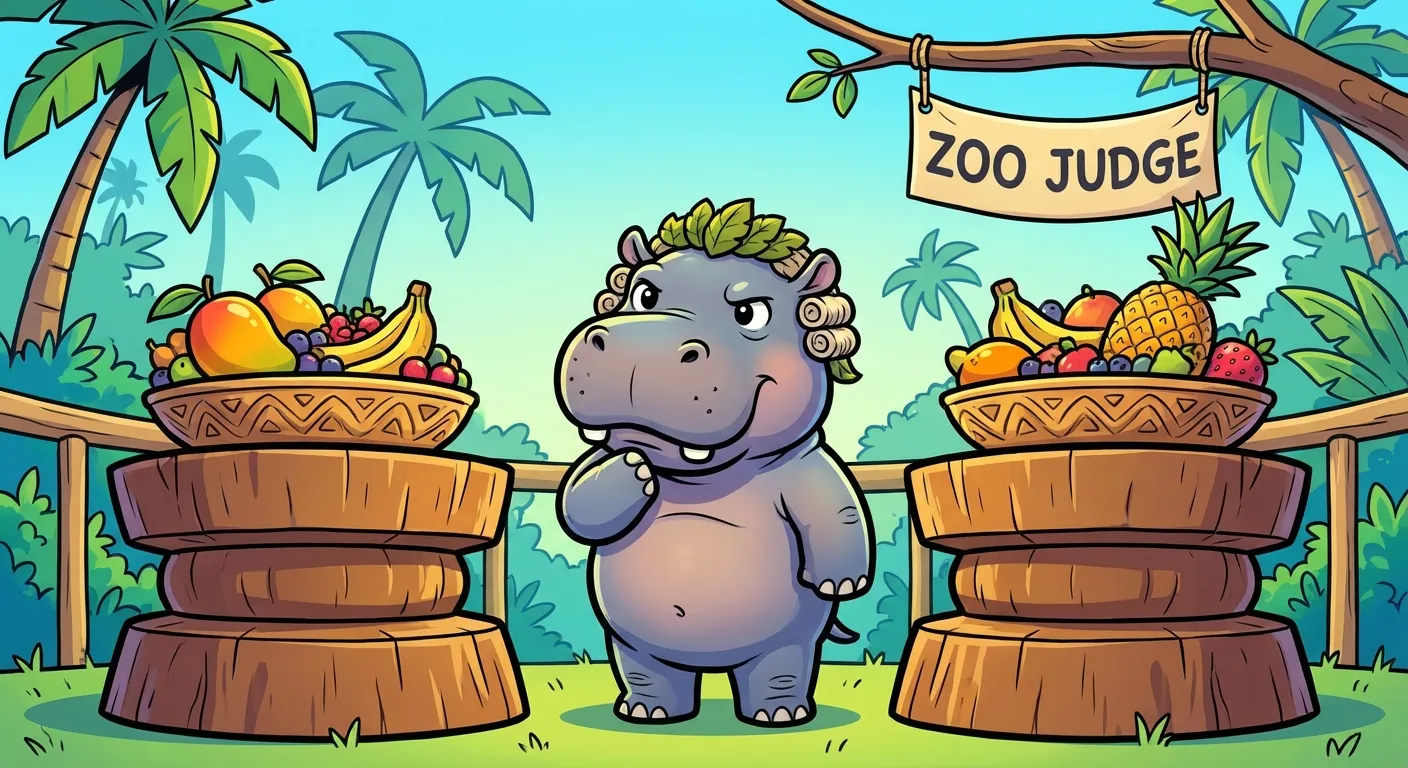 Cartoon illustration of a cute round baby hippo standing thoughtfully between two ornate carved fruit platters on pedestals in a tropical zoo setting, looking adorably serious