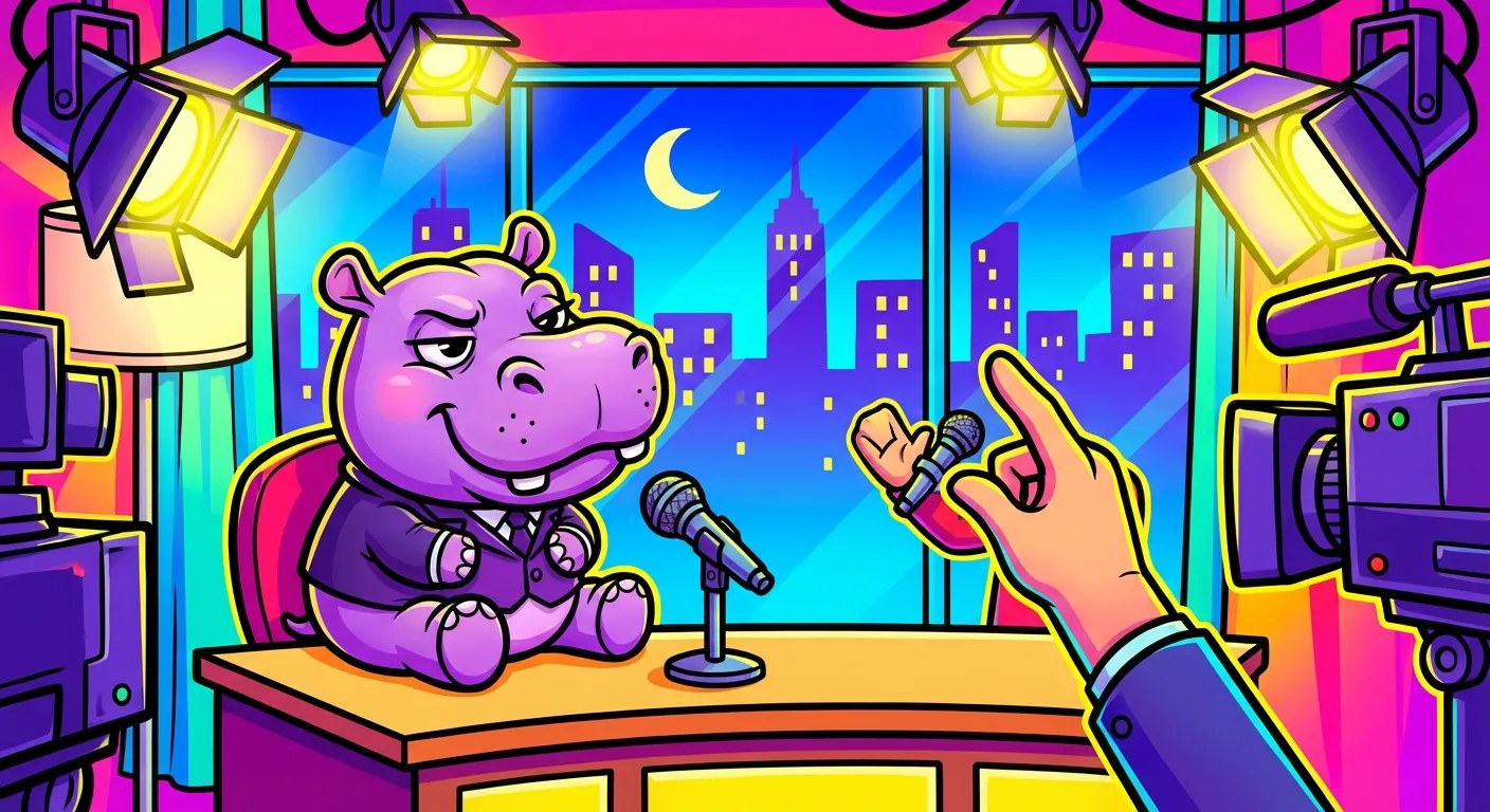 Cartoon illustration of a round chubby baby hippo puppet sitting confidently at a late night comedy show news desk with bright studio lights and a cityscape backdrop