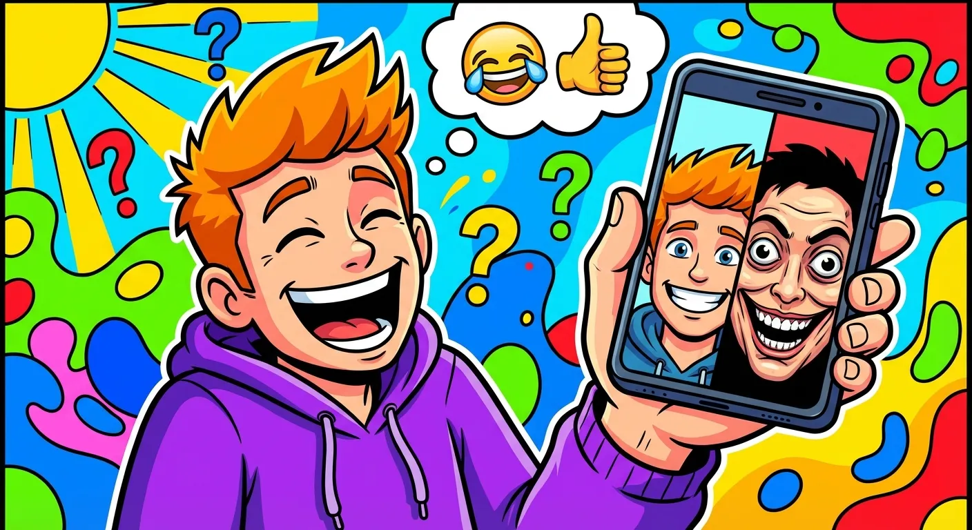 Cartoon illustration of a person laughing while using a face swap app on their phone to transform their selfie into an uncanny version