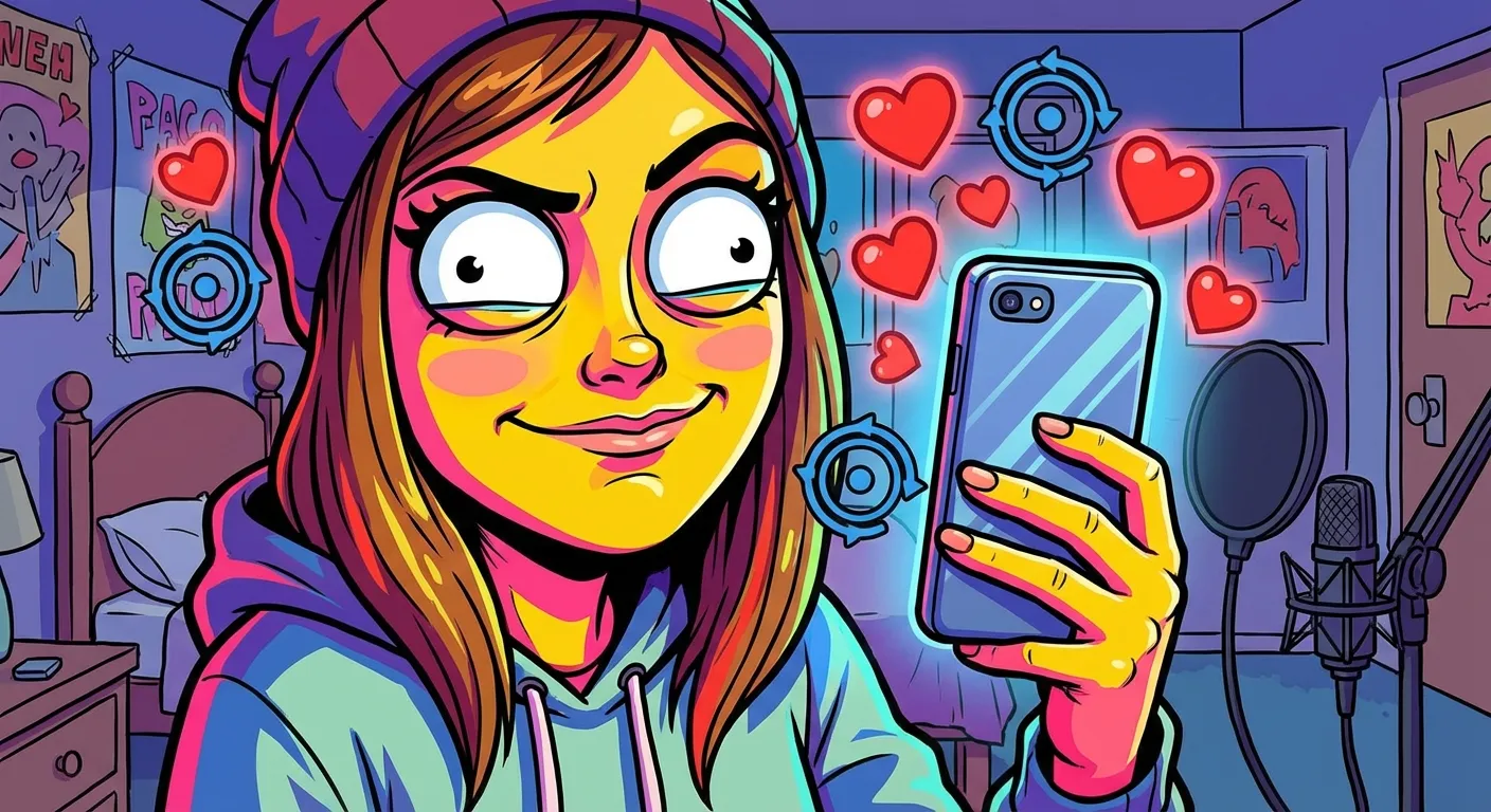 Cartoon illustration of a young woman performing a parody music video with exaggerated stalker expressions, holding a phone with hearts and tracking icons floating around