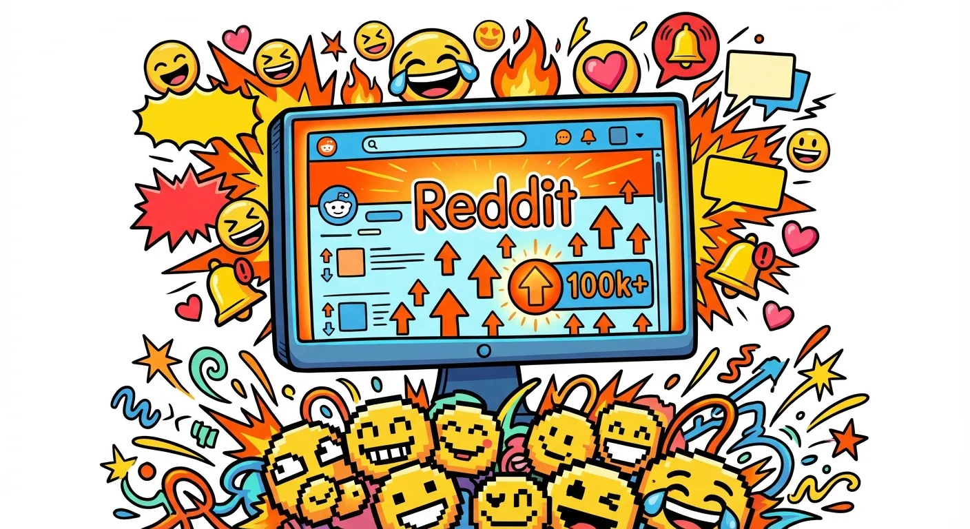 Cartoon illustration of a computer screen showing Reddit with thousands of upvotes, notification alerts and reaction emojis exploding outward