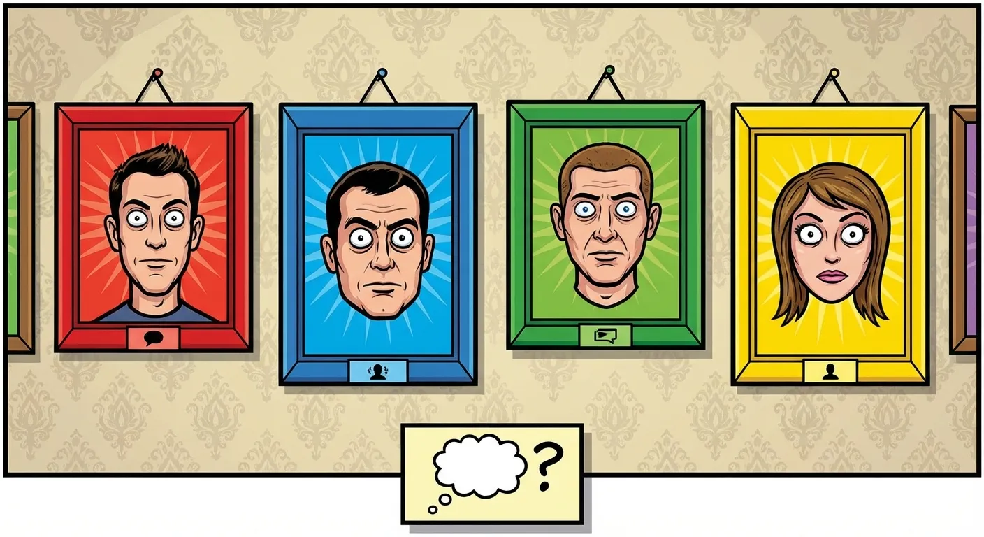 Cartoon illustration of a gallery wall showing multiple framed meme portraits with intense staring expressions, male and female versions in advice animal style frames
