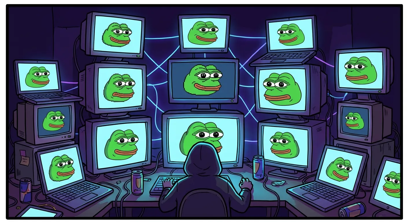 Cartoon illustration of a green frog face appearing on dozens of computer screens in a dark room, representing how Pepe the Frog went viral across internet forums in 2008