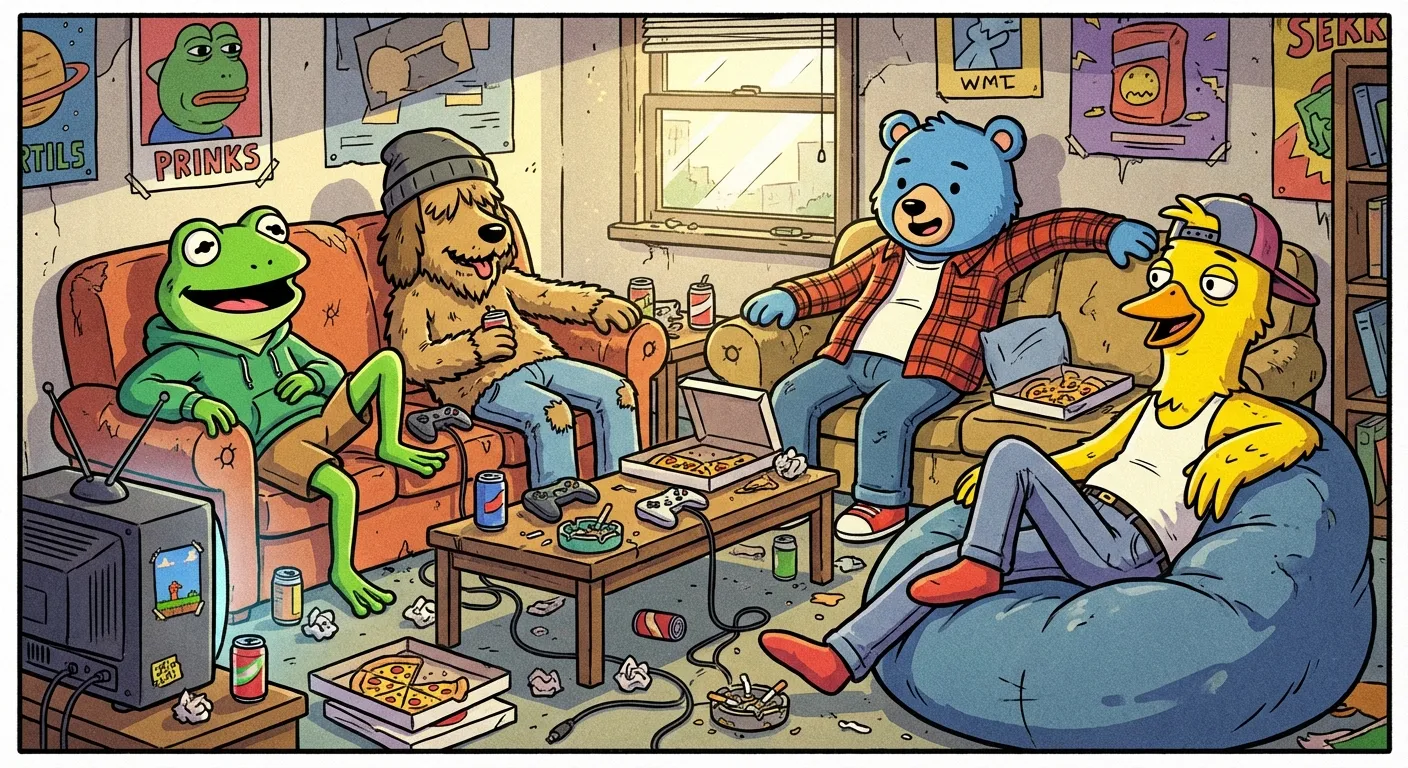 Cartoon illustration of the Boy's Club characters — four animal friends hanging out in a messy apartment playing video games and eating pizza, capturing the slacker comic vibe that birthed Pepe
