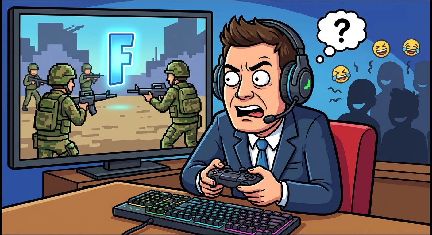 Cartoon illustration of a confused late night TV host at a gaming setup reacting incredulously to a military funeral scene on screen with a giant glowing F key
