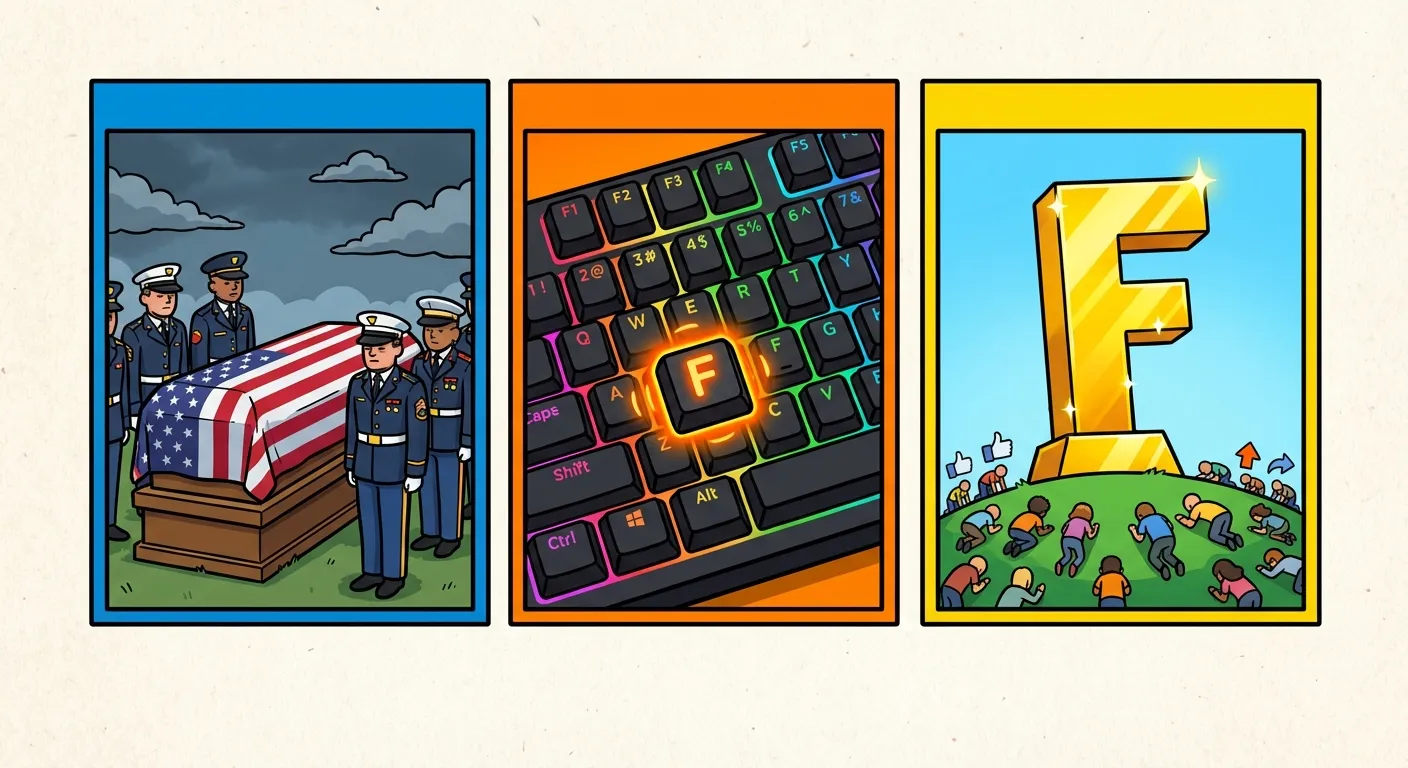 Cartoon illustration showing the evolution of the Press F meme from military funeral to gaming keyboard to cultural monument, depicted as a three-panel timeline