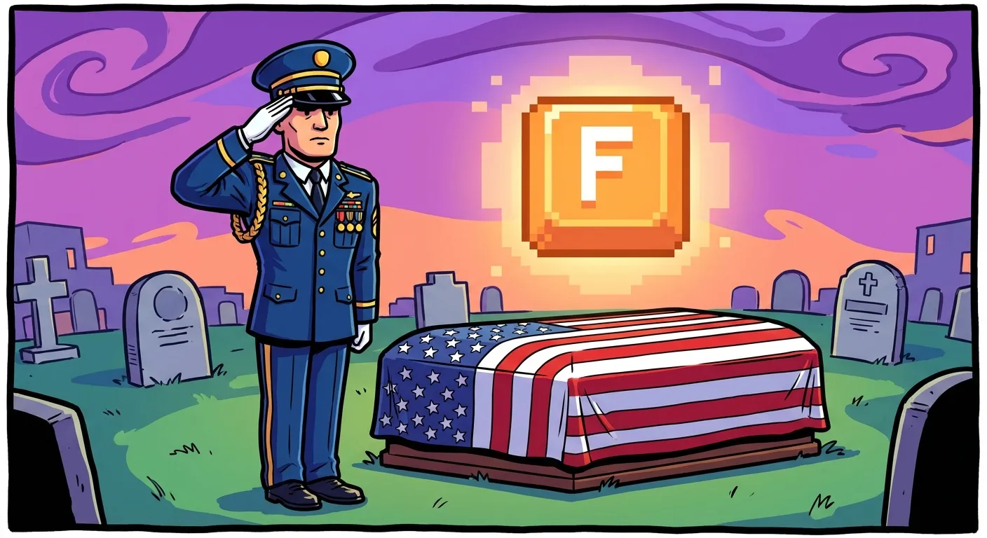 Cartoon illustration of a soldier at a military funeral with a glowing keyboard F key hovering above the coffin, blending somber military ceremony with video game aesthetics