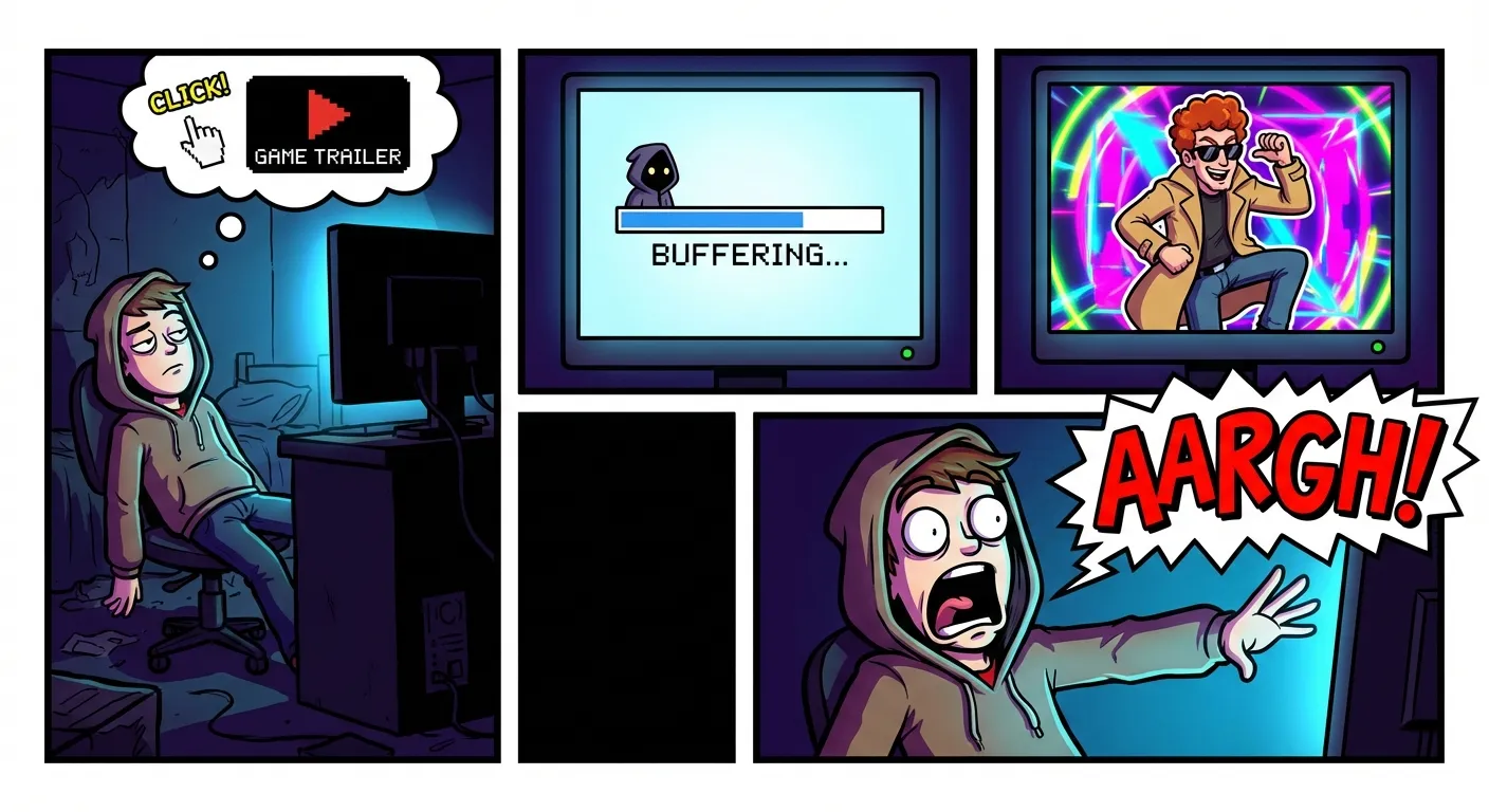 Cartoon illustration of someone at a computer clicking a link expecting a GTA IV trailer but seeing Rick Astley dancing instead — depicting the original Rickroll bait-and-switch on 4chan