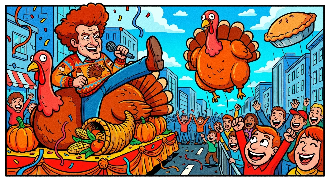 Cartoon illustration of Rick Astley performing on a decorated parade float with confetti and crowds, depicting his appearance at the 2008 Macy's Thanksgiving Day Parade