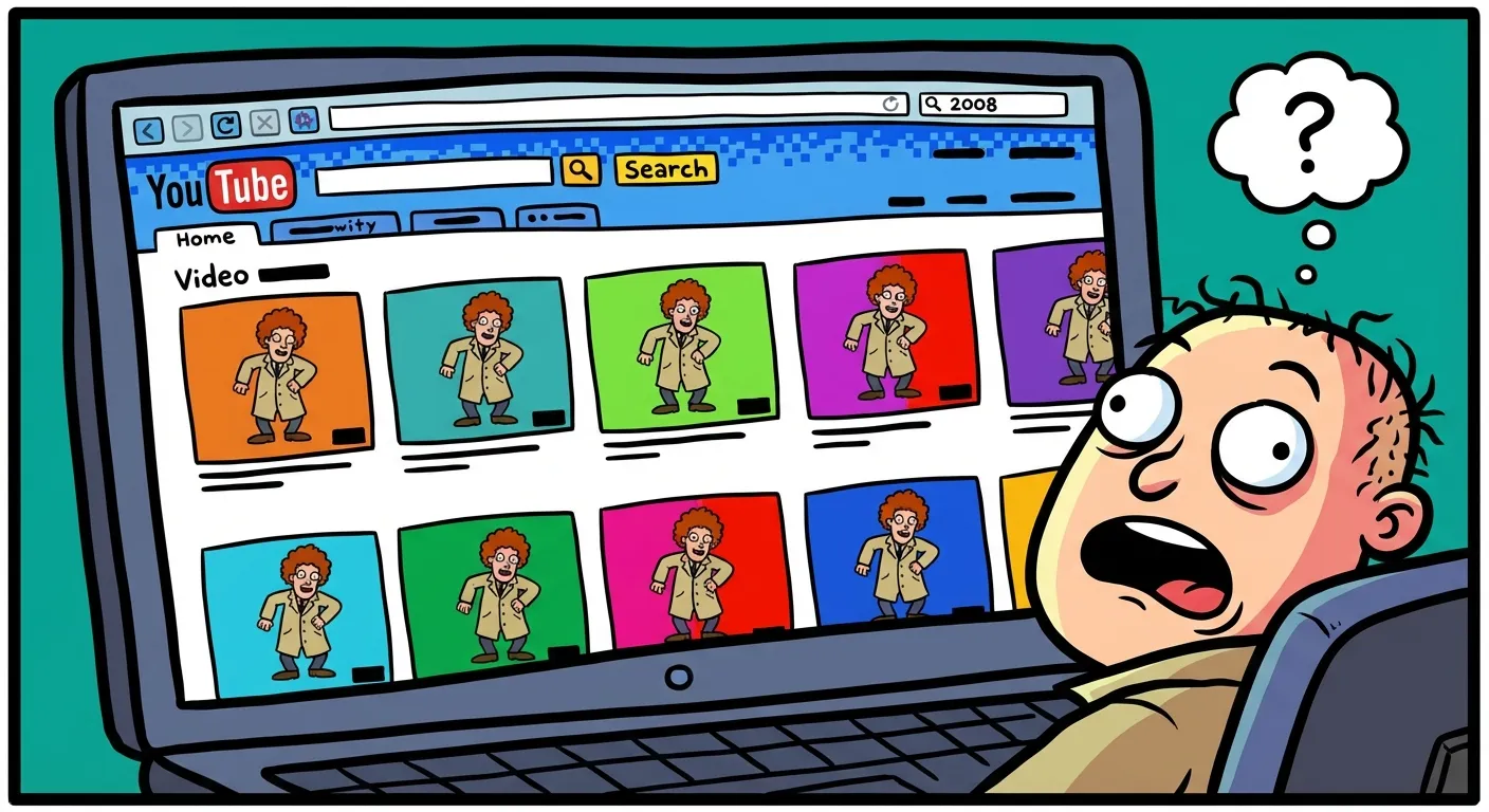 Cartoon illustration of the YouTube homepage from 2008 with every video replaced by Rick Astley dancing — depicting the famous April Fools rickroll when YouTube redirected all featured videos