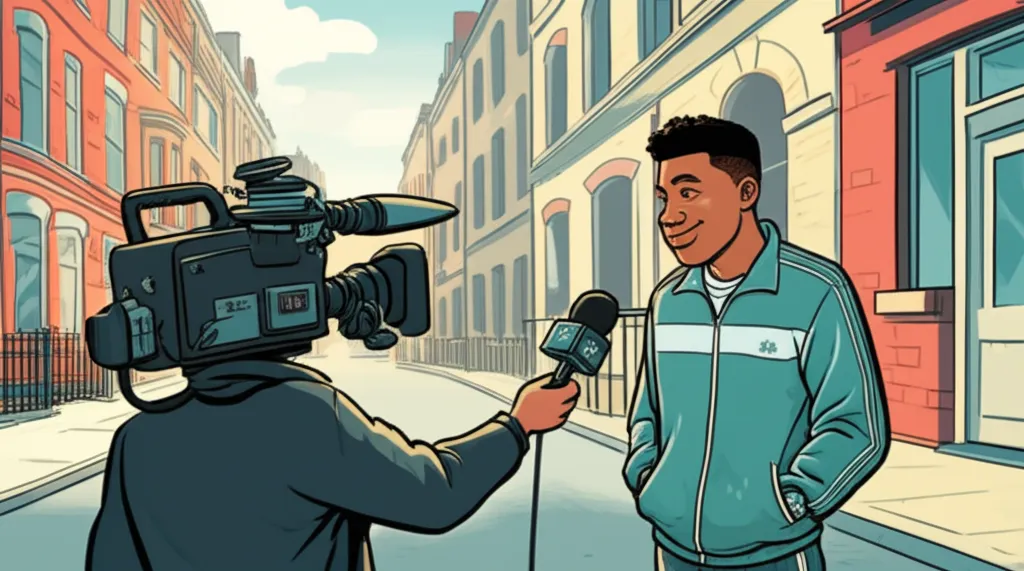 Cartoon illustration of a BBC film crew interviewing a confident young man in a tracksuit on a London street