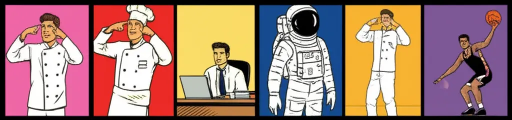 Cartoon collage of the temple-pointing pose in different funny contexts — as a chef, astronaut, office worker, and basketball player
