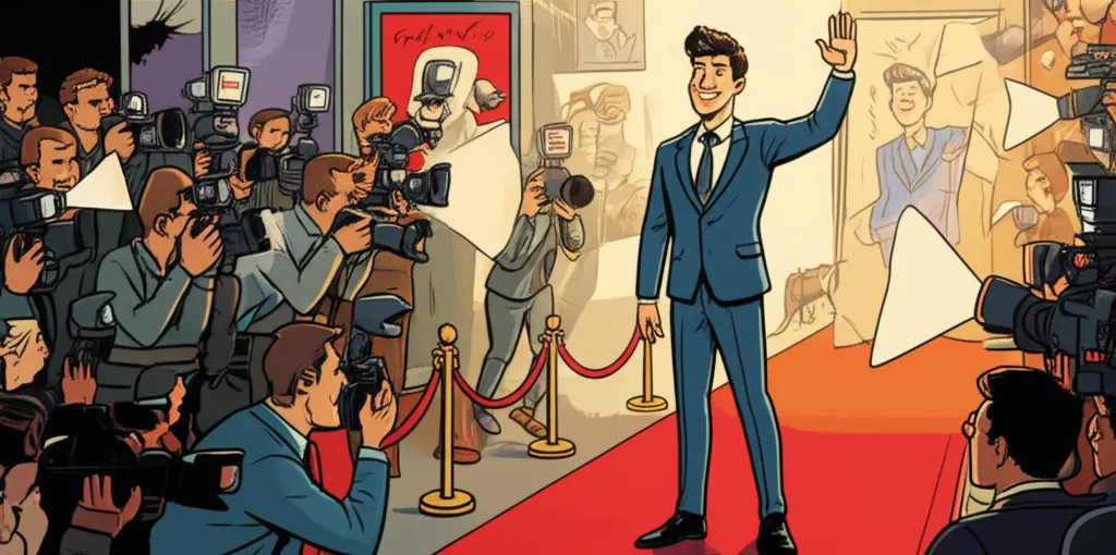 Cartoon illustration of a young actor on a red carpet at a premiere, smiling and waving at cameras