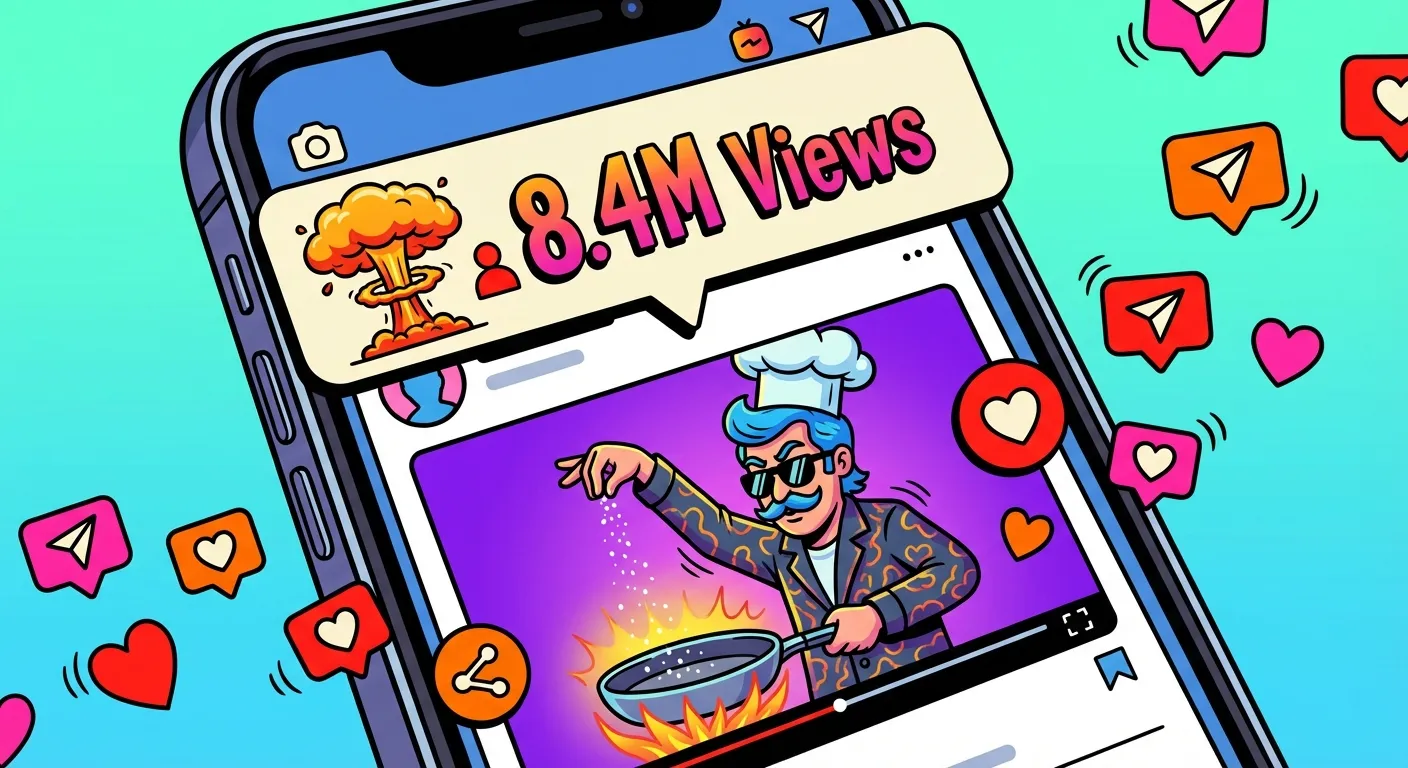 Cartoon illustration of an Instagram video going viral with millions of views — a chef figure performing the salt sprinkle is visible in the video thumbnail with hearts and share icons floating everywhere