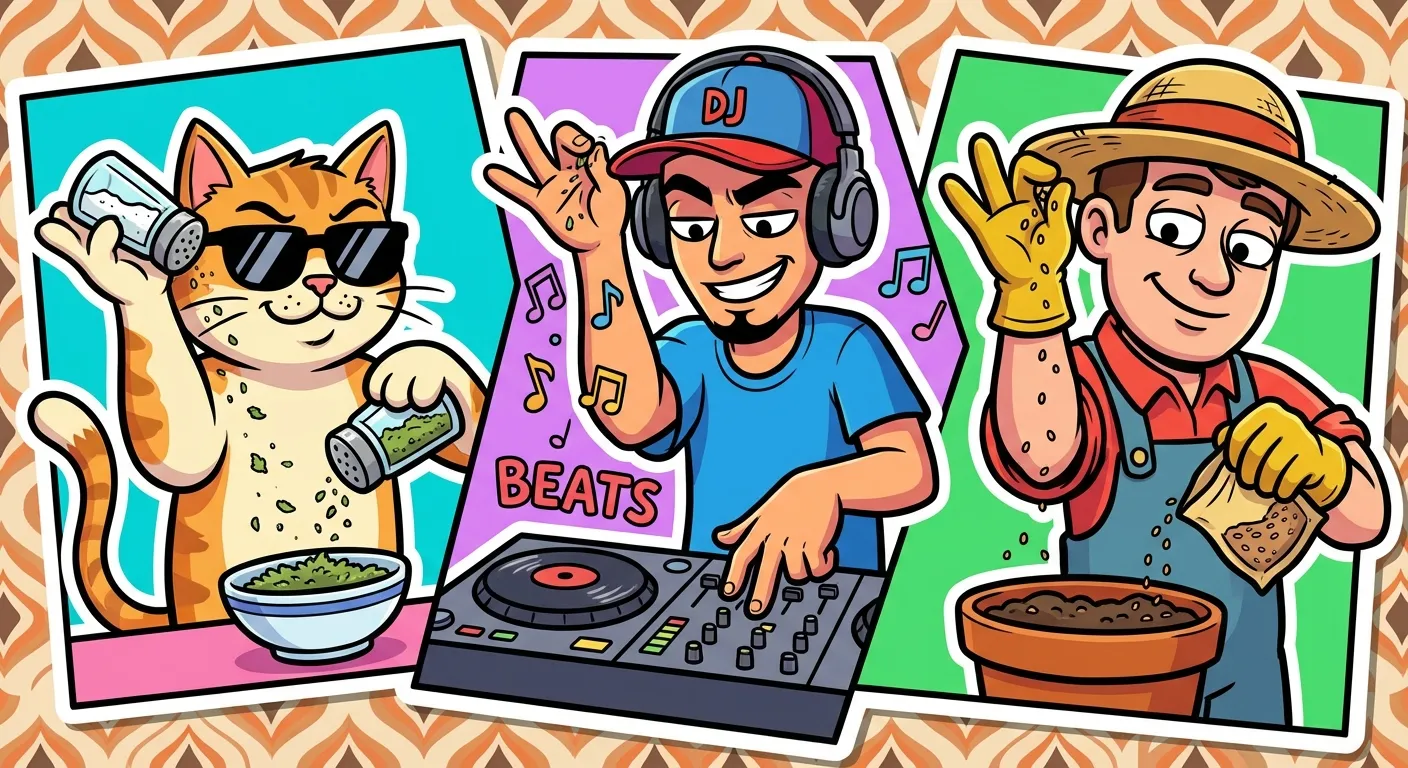 Cartoon illustration showing the Salt Bae salt-sprinkling gesture replicated by different characters — a cat sprinkling catnip, a DJ sprinkling beats, a gardener sprinkling seeds — all mimicking the same elegant arm pose