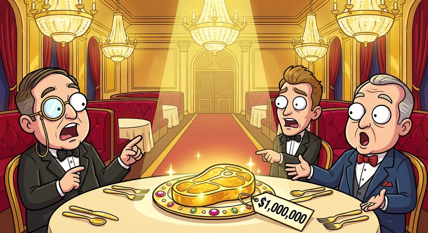 Cartoon illustration of an ultra-luxurious steakhouse with gold accents and a golden steak centerpiece on a plate — representing the famously expensive Nusr-Et restaurant experience