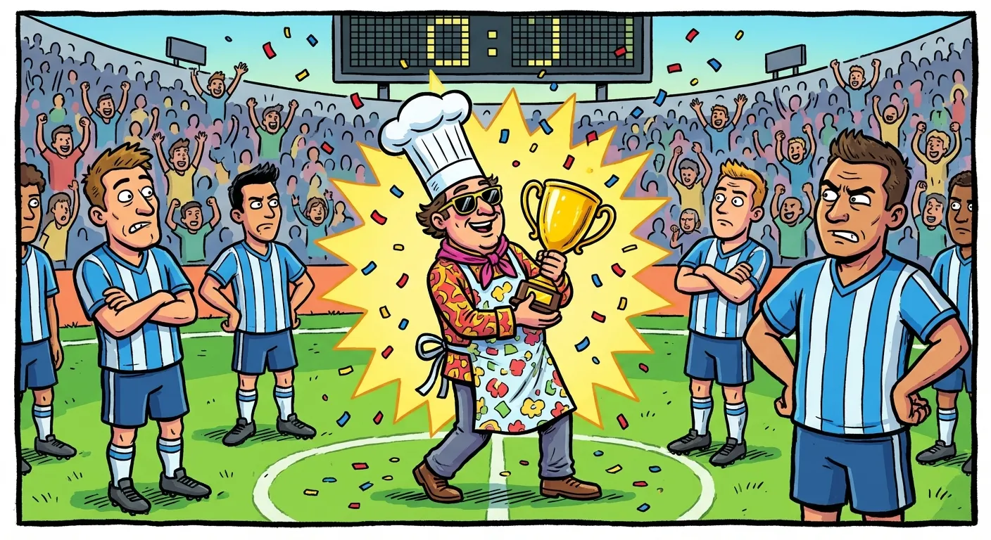 Cartoon illustration of a soccer stadium celebration scene where a flamboyant chef character in sunglasses grabs a golden trophy while confused soccer players in blue and white jerseys look annoyed — confetti everywhere