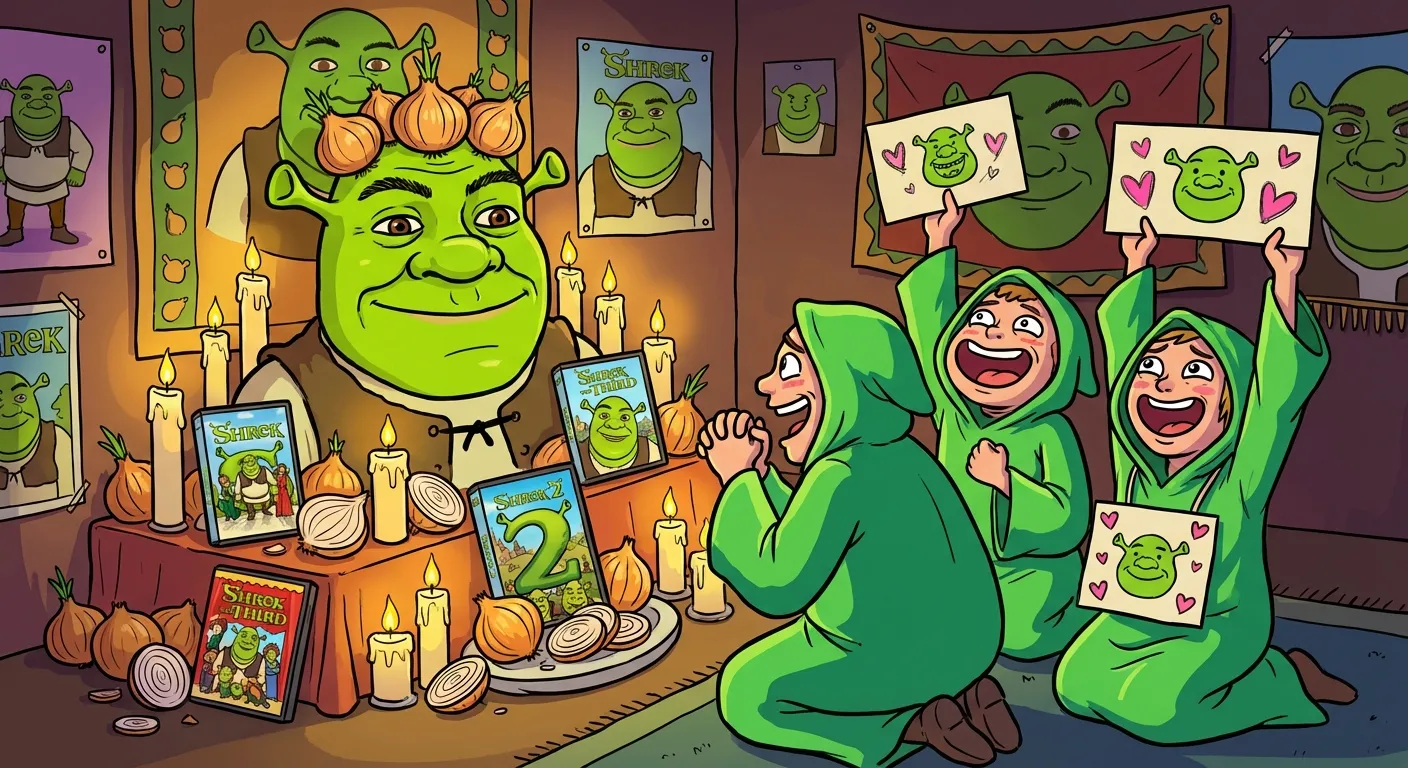 Cartoon illustration of an ironic shrine to Shrek with candles, onions, and movie DVDs, with robed fans worshipping the green ogre as a deity