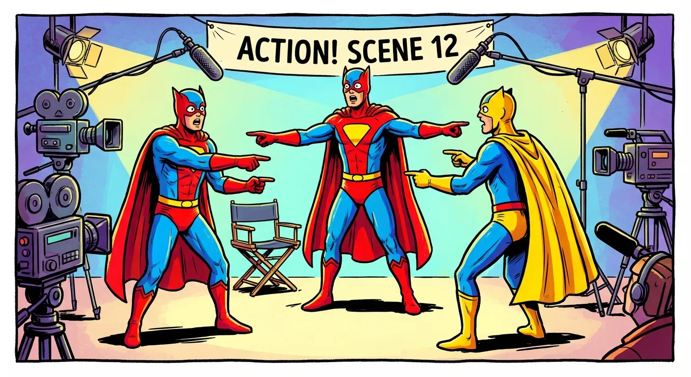 Cartoon illustration of three different superheroes in similar costumes standing in a triangle formation, each pointing at the other two, on a movie set