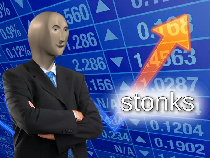 The original Stonks post from Facebook page Special Meme Fresh showing Meme Man in front of a green stock chart