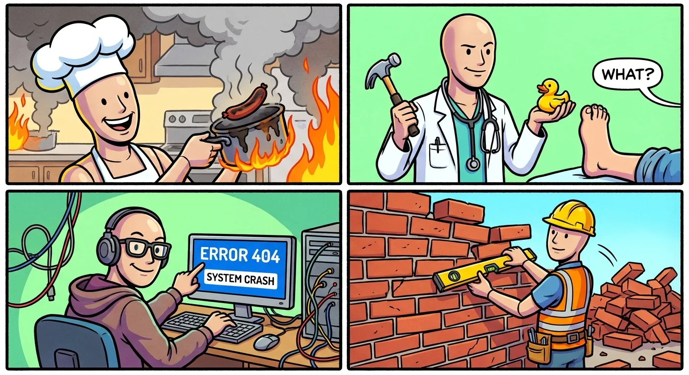 Cartoon illustration showing four panels of Meme Man in different professional costumes — chef, doctor, IT worker, and construction worker — each confidently doing the job badly