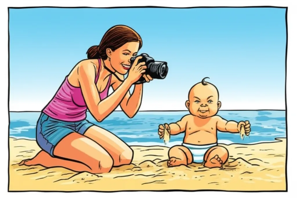 Cartoon illustration of Laney Griner photographing baby Sammy on the beach in 2007, capturing the iconic Success Kid moment