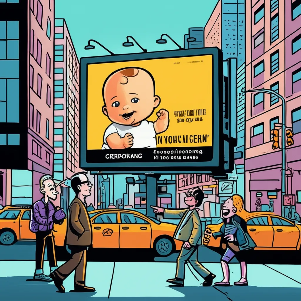 Cartoon illustration of a Success Kid billboard on a city street with pedestrians recognizing the meme in corporate advertising