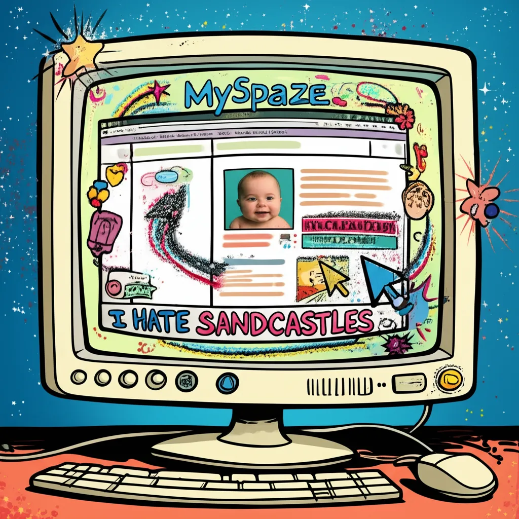 Cartoon illustration of the Success Kid image on a 2008 MySpace profile page with glittery decorations and I Hate Sandcastles text