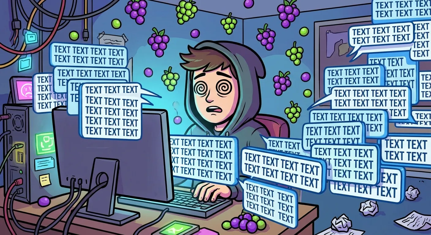 Cartoon illustration of a confused person staring at their computer screen filled with identical text messages, surrounded by floating grapes, depicting the copypasta nature of the meme