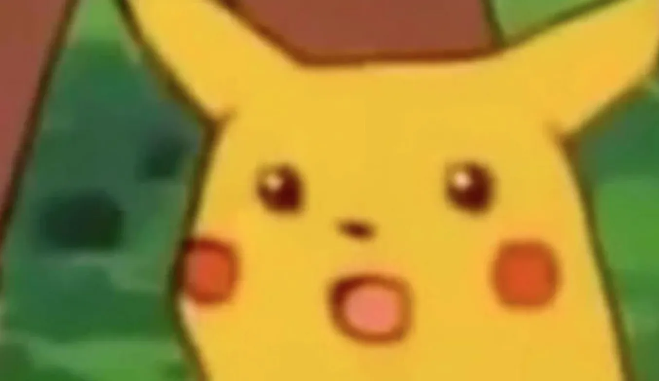 The original Surprised Pikachu meme — a screenshot from Pokémon Season 1 Episode 10 showing Pikachu with wide eyes and an open mouth, expressing shock