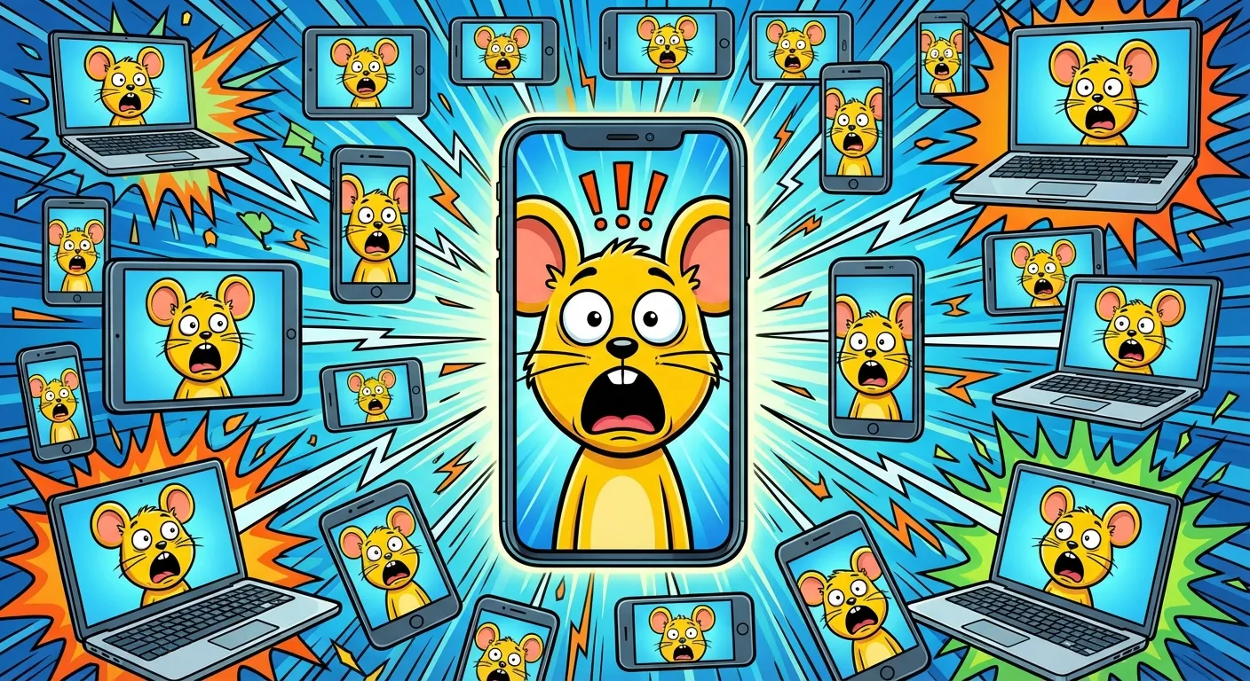 Cartoon illustration showing the Surprised Pikachu face spreading virally across dozens of phone and laptop screens in a chain reaction