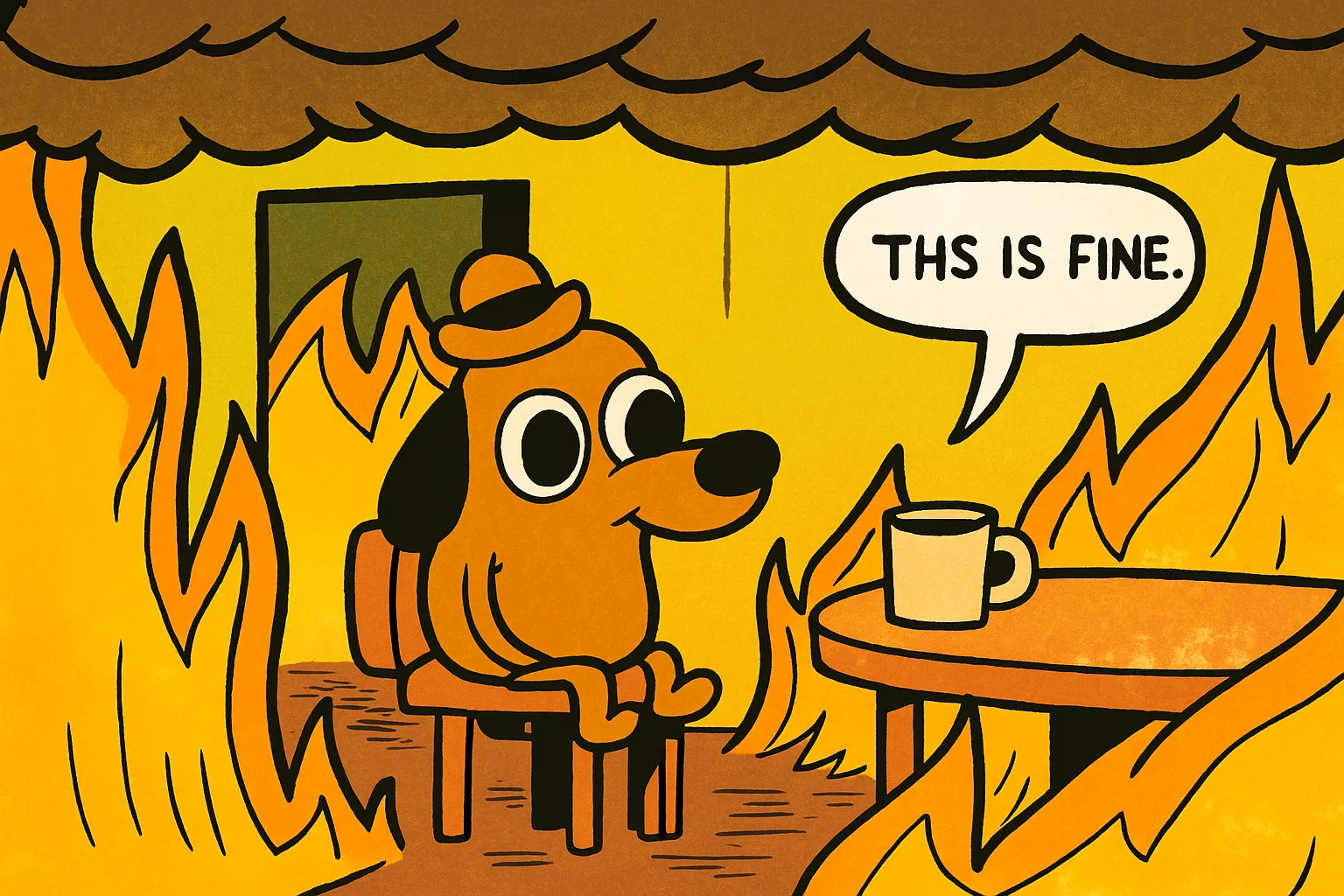 Cartoon illustration of the iconic This Is Fine dog sitting calmly in a burning room with a cup of coffee