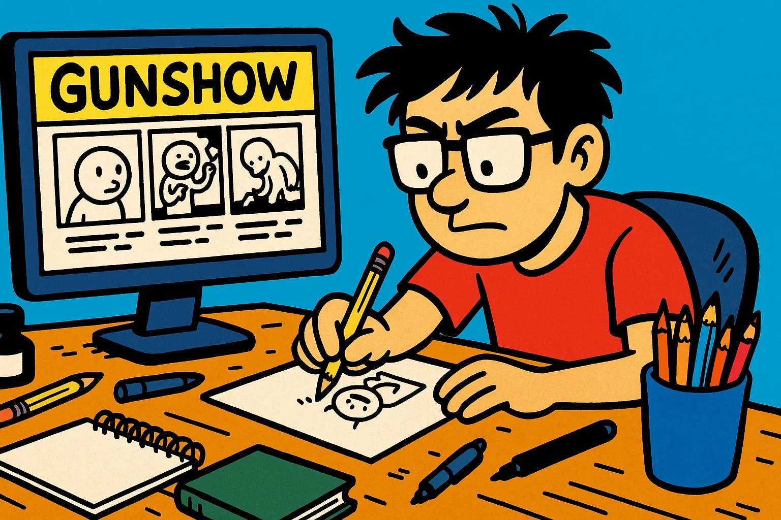 Cartoon illustration of KC Green drawing at his desk with the Gunshow webcomic on his screen