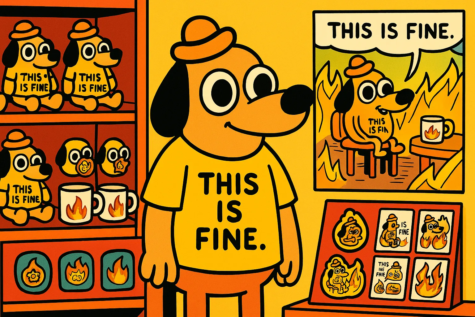 Cartoon of the This Is Fine dog surrounded by merchandise — plush toys, mugs, t-shirts, and stickers