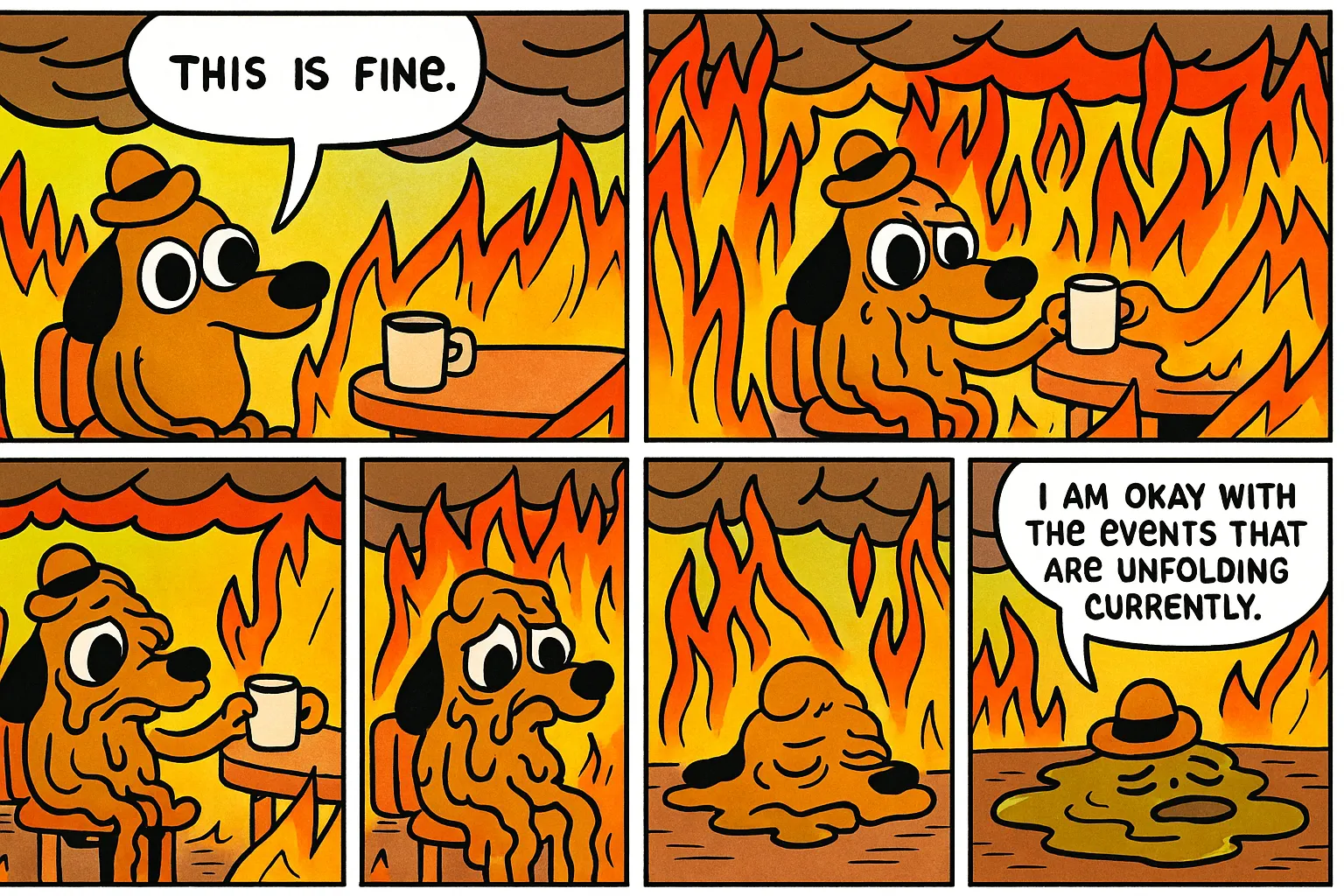 Cartoon recreation of the full six-panel This Is Fine comic showing the dog progressively melting in the burning room