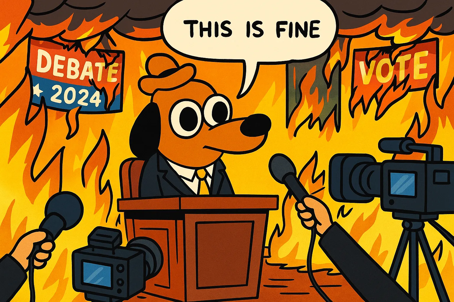 Cartoon of the This Is Fine dog in a political debate setting at a podium surrounded by fire