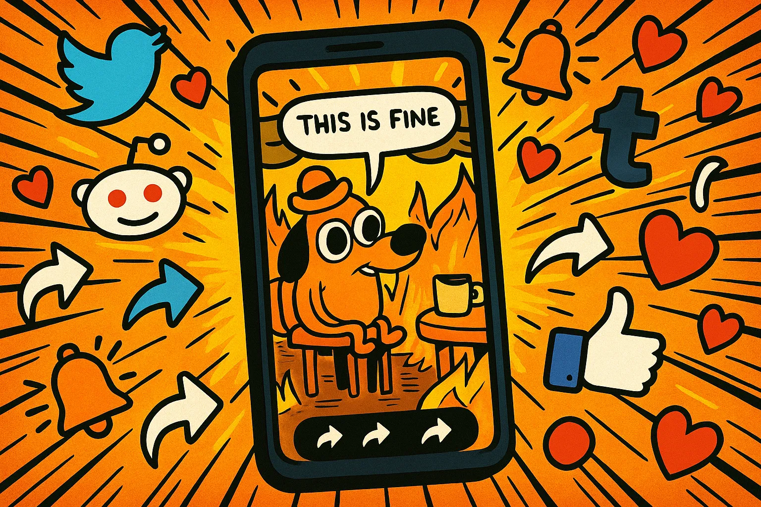 Cartoon illustration showing the This Is Fine meme exploding across social media platforms with share buttons and notifications flying everywhere