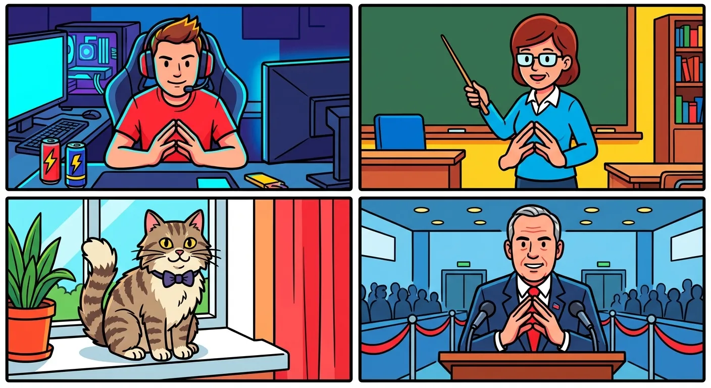 Cartoon illustration showing various characters — a gamer, teacher, cat, and politician — all doing the trade offer gesture in different settings