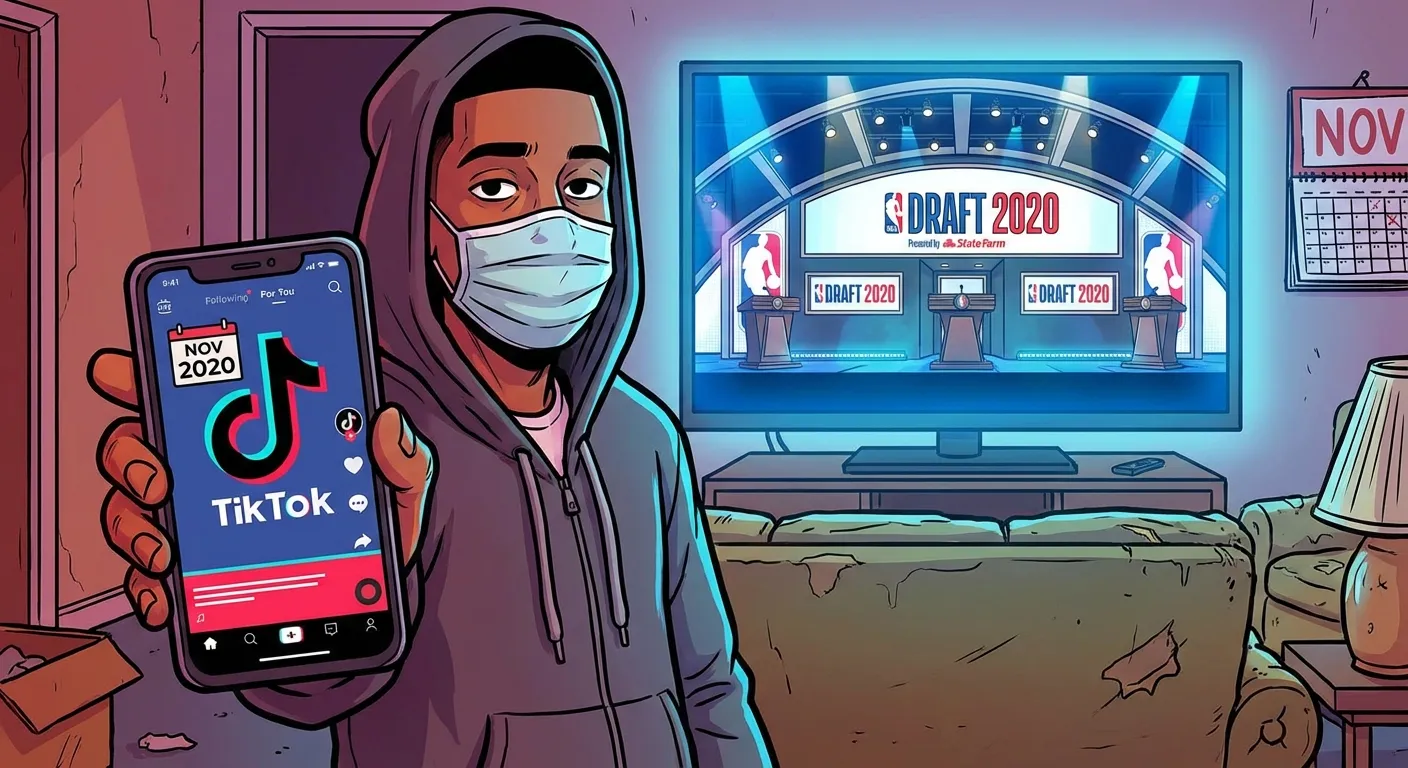 Cartoon illustration of the Trade Offer meme's TikTok origins — a person with a phone showing TikTok while an NBA Draft stage plays on TV