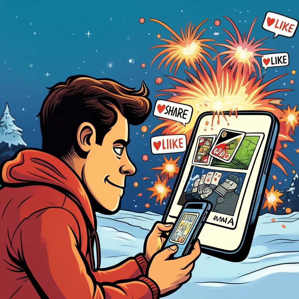 Cartoon illustration of a man posting the original Draw 25 meme on social media with share notifications exploding around him