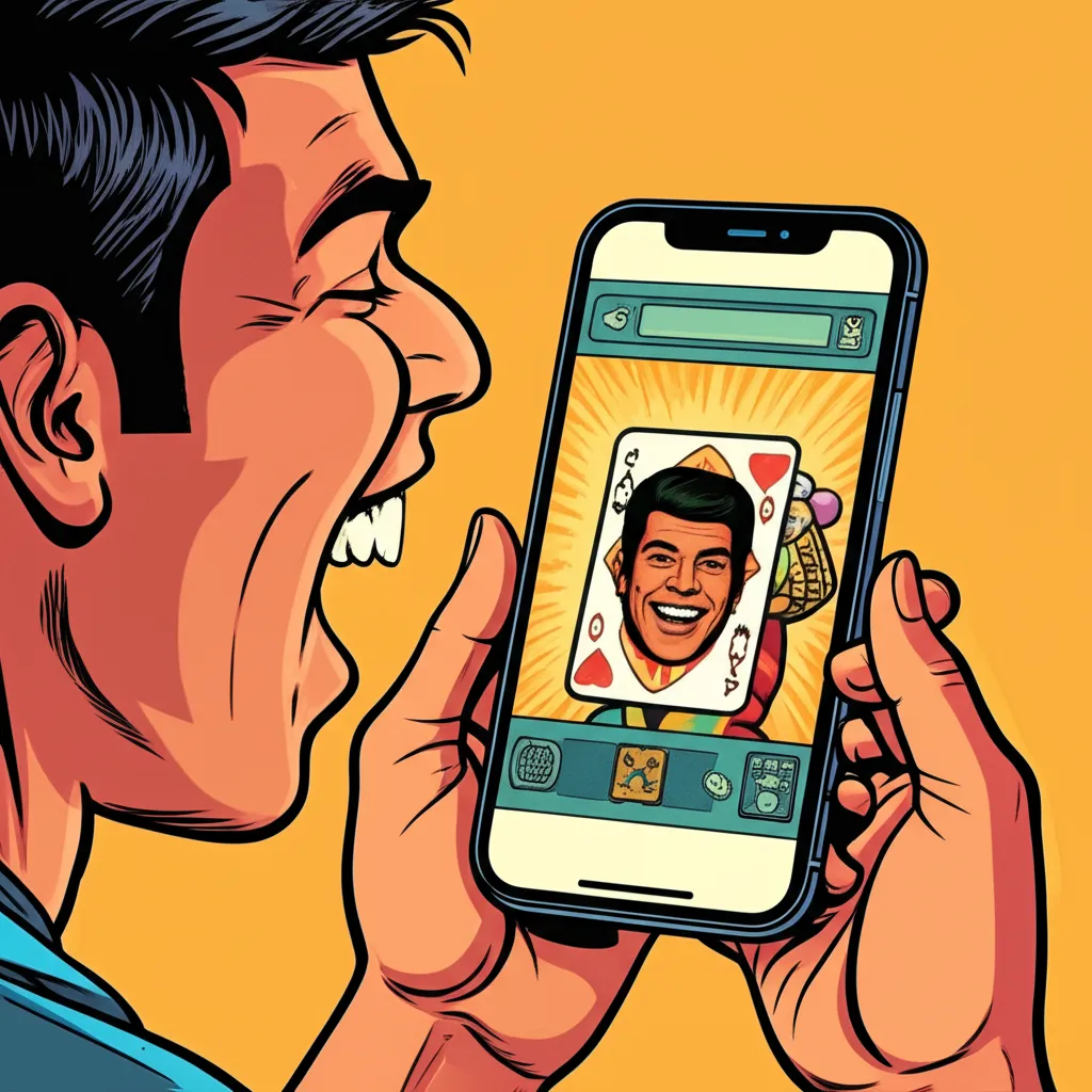 Cartoon illustration of a person using a phone app to face-swap themselves into the UNO Draw 25 meme