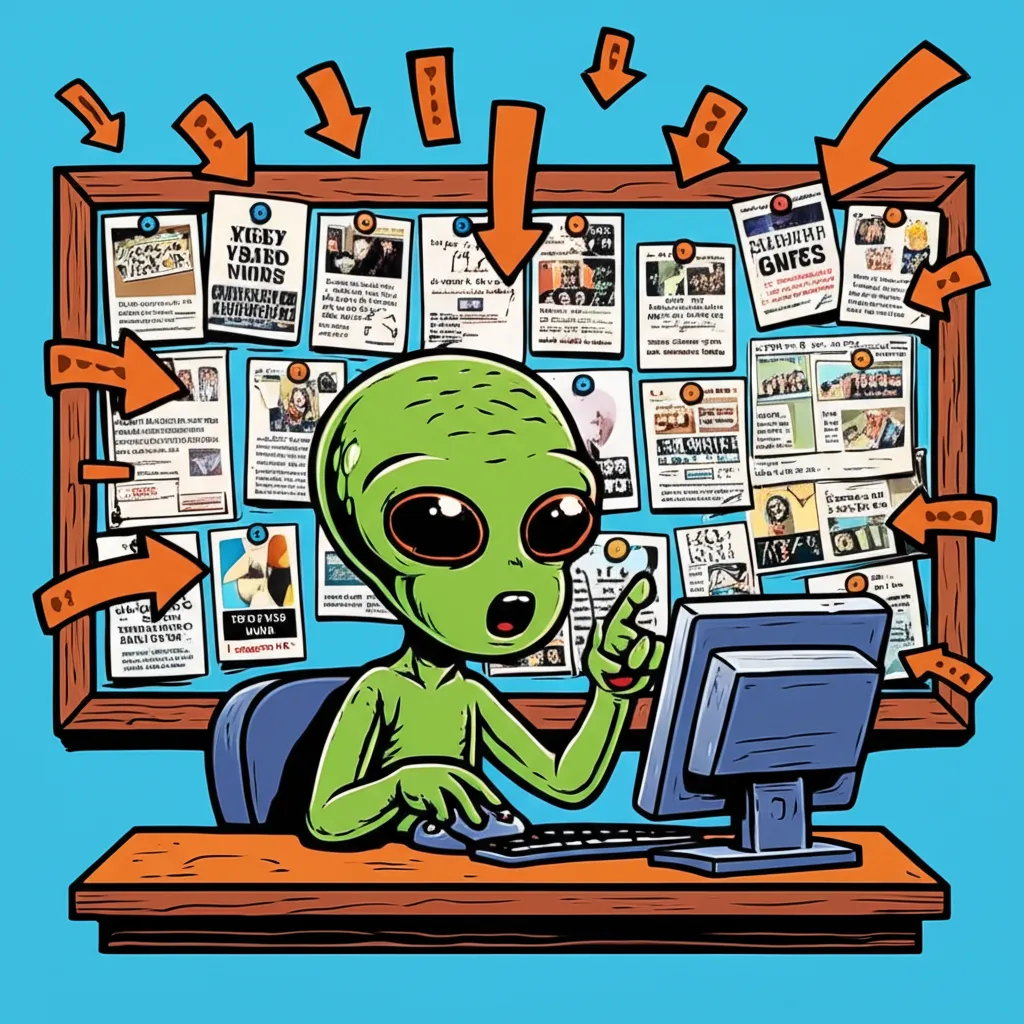 Cartoon illustration of Reddit's alien mascot surrounded by dozens of Draw 25 meme variations pinned to a bulletin board with orange upvote arrows flying