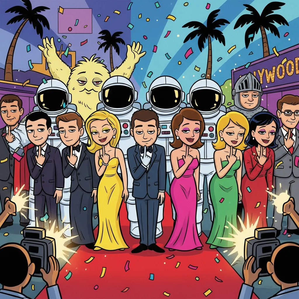 Cartoon illustration of a comedic red carpet scene with celebrities, astronauts, and everyday people all striking exaggerated demure poses with pinky fingers raised